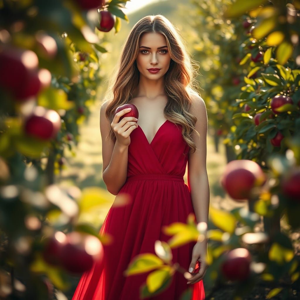 Woman in Red Dress in Apple Orchard