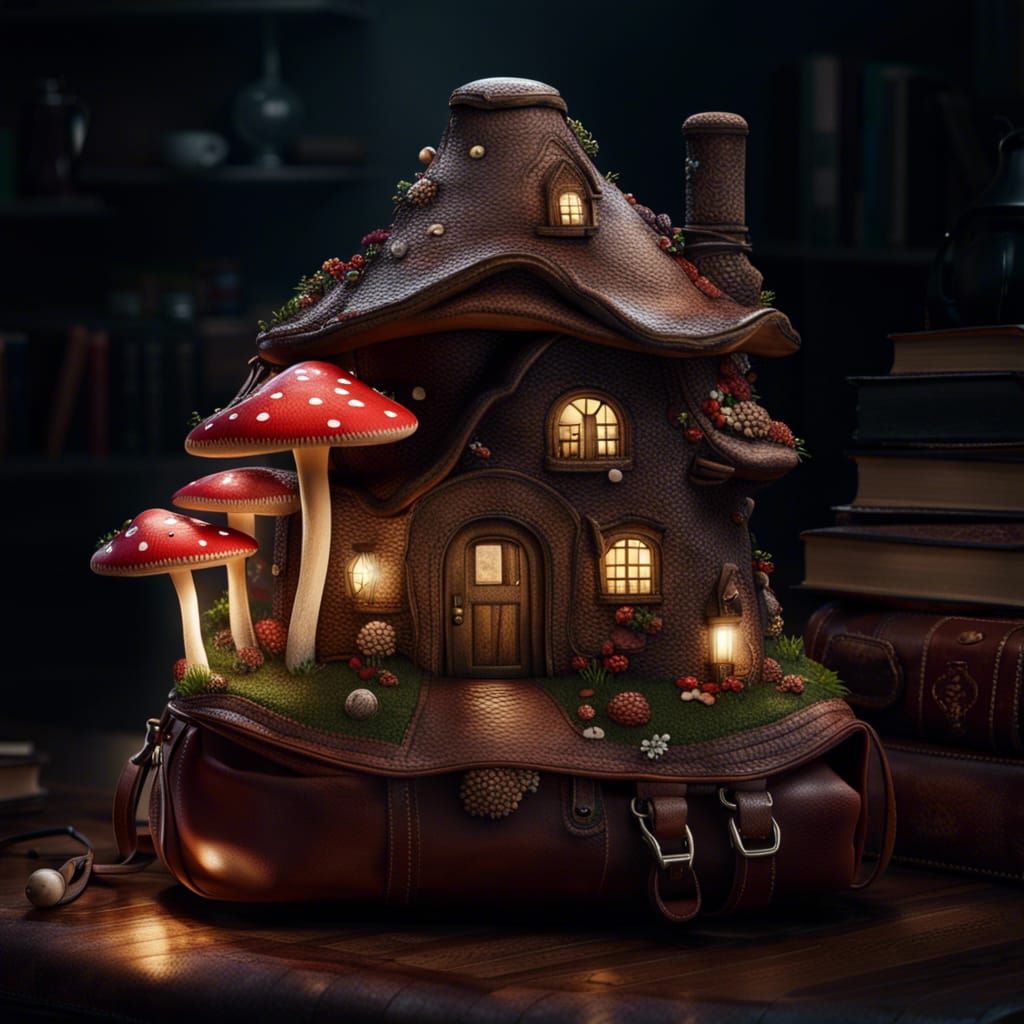 Enchanted Mushroom House Growing From Leather Bag