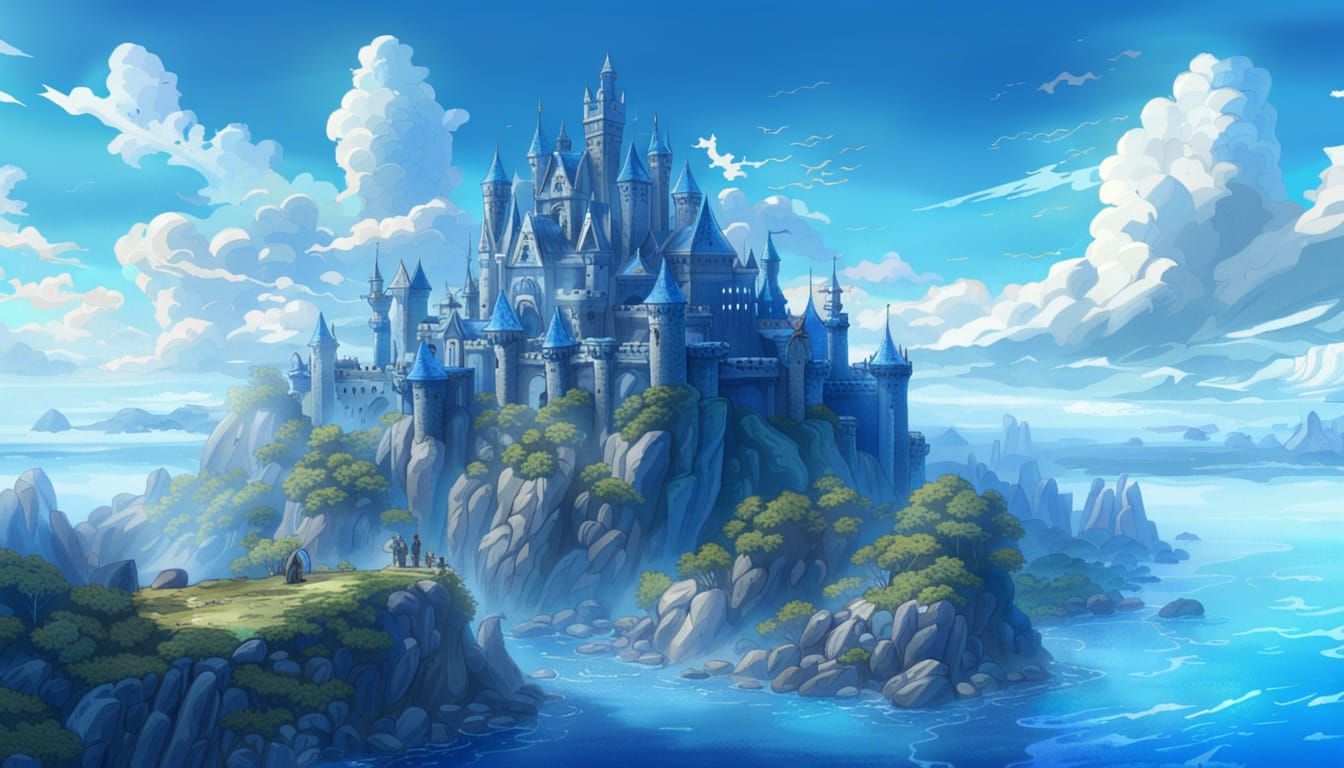 Blue Fantasy Castle Landscape in Anime Style
