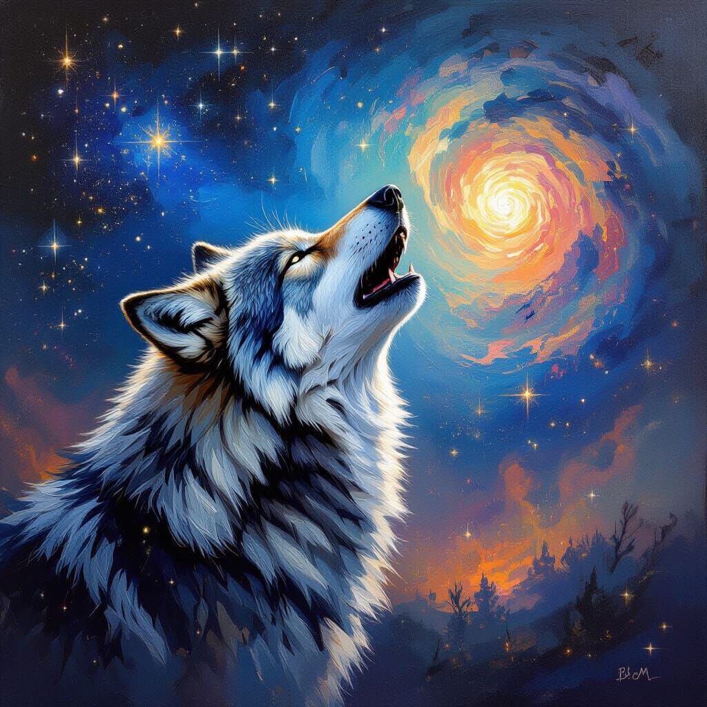Wolf Howling at Nebula in Impressionist Oil Painting