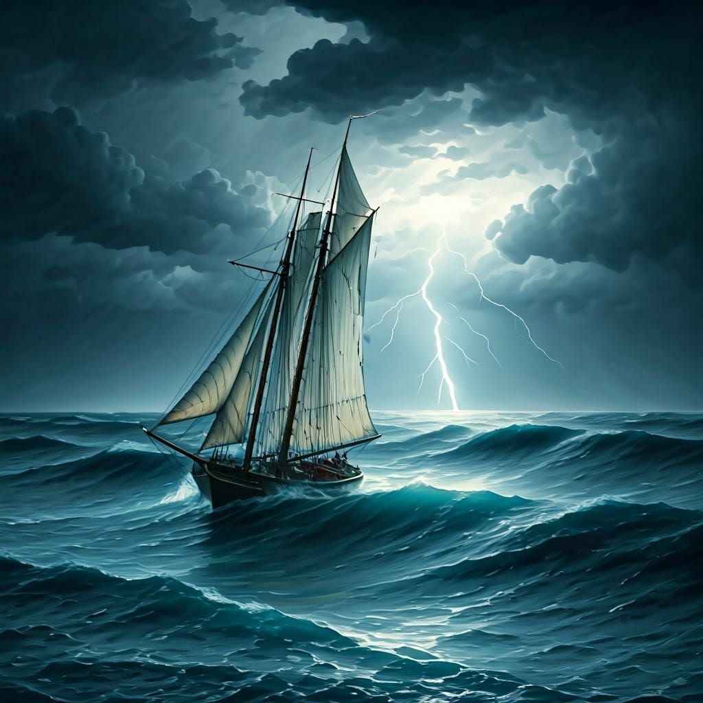 Dramatic Stormy Seascape with Struggling Sailboat