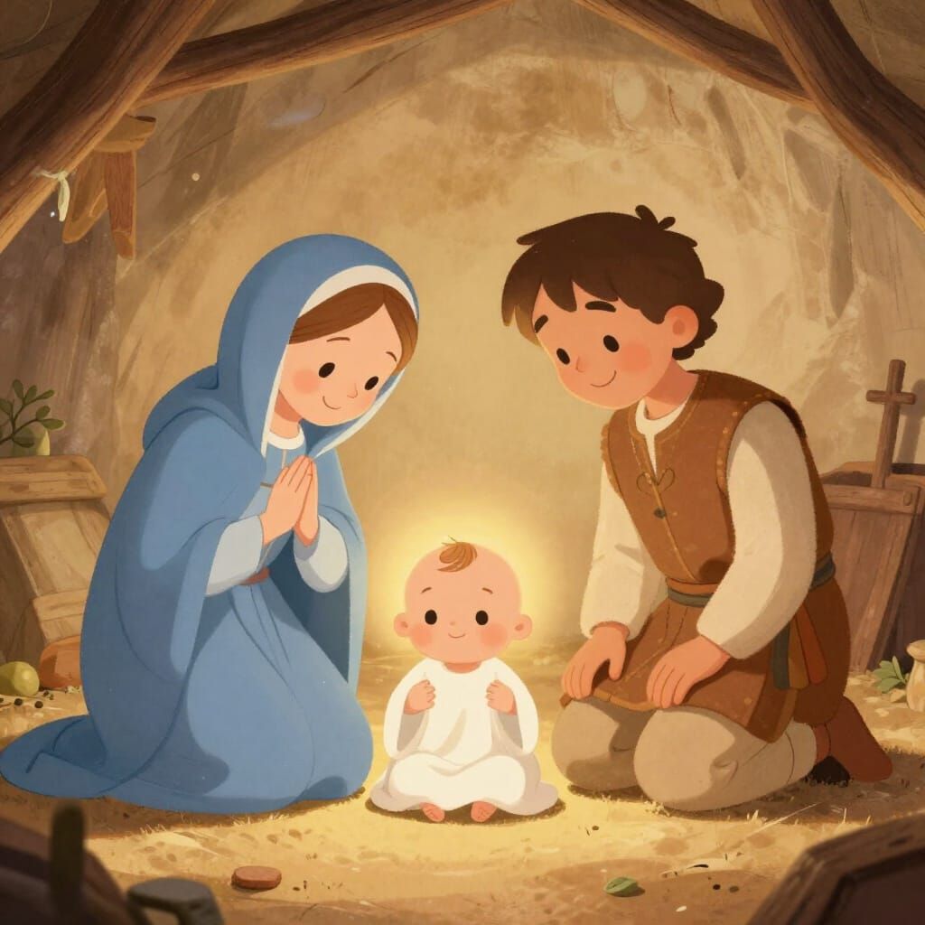Nativity Scene: Shepherds Adore Baby Jesus in Warm Stable
