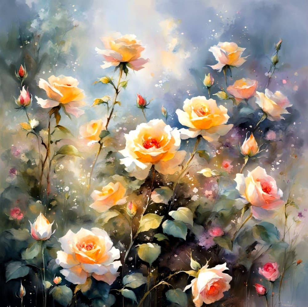 Enchanted Rose Bush Blooms with Glowing Petals