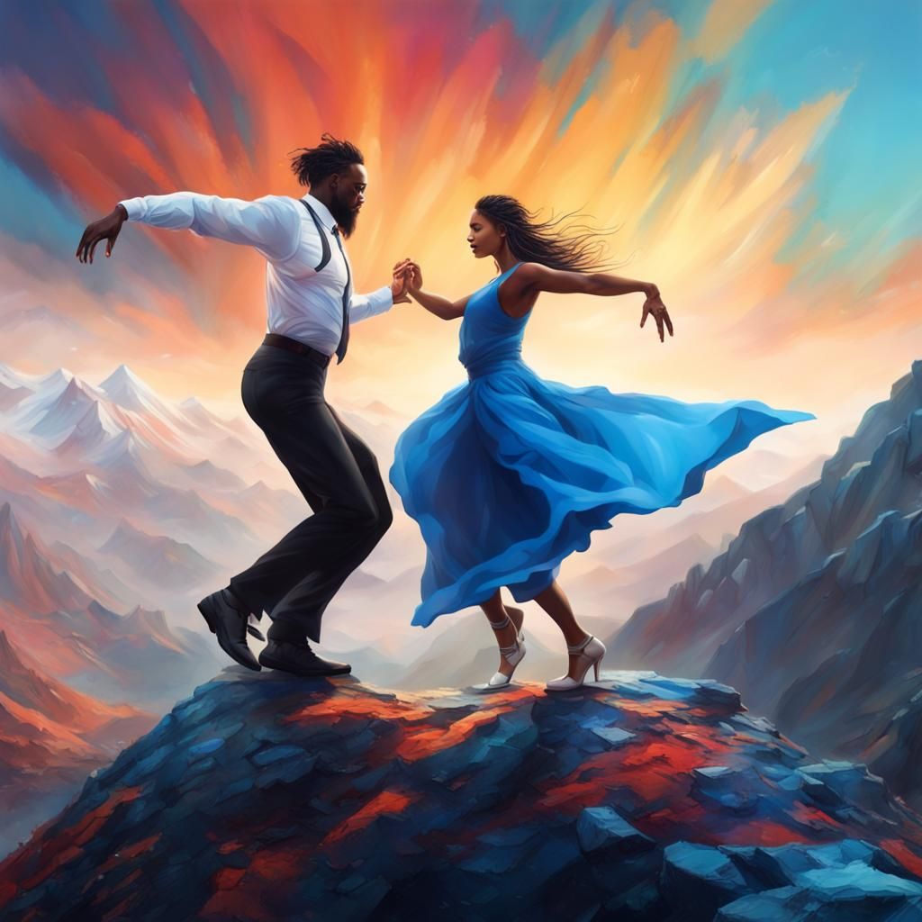 Epic Dance Atop Mountain in Hyperrealistic Style