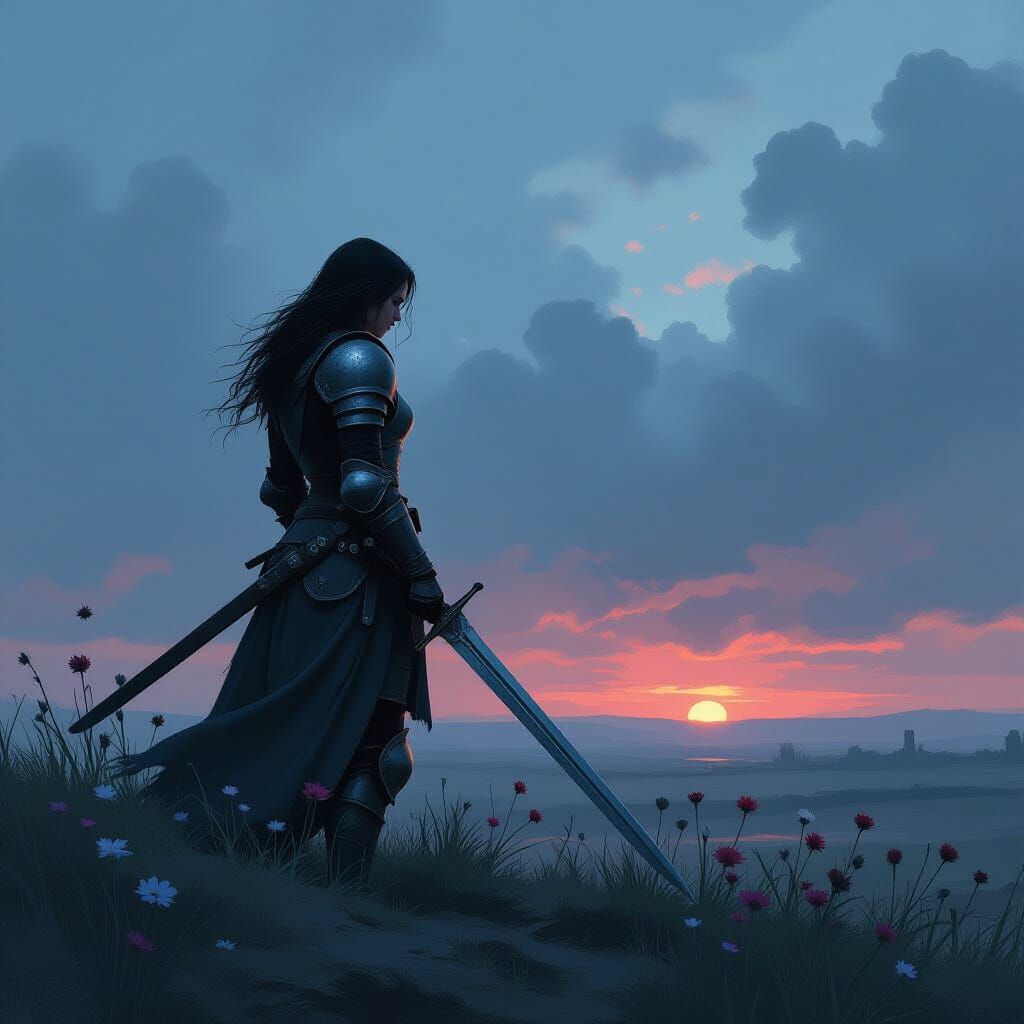 Lone Knight on Windswept Battlefield at Dusk