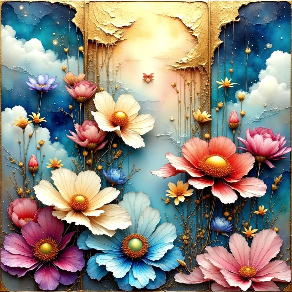 Surreal Floral Triptych with Ethereal Landscapes