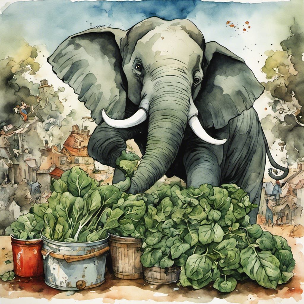 Popeye's Spinach Power: Lifting Elephant in Storybook Art