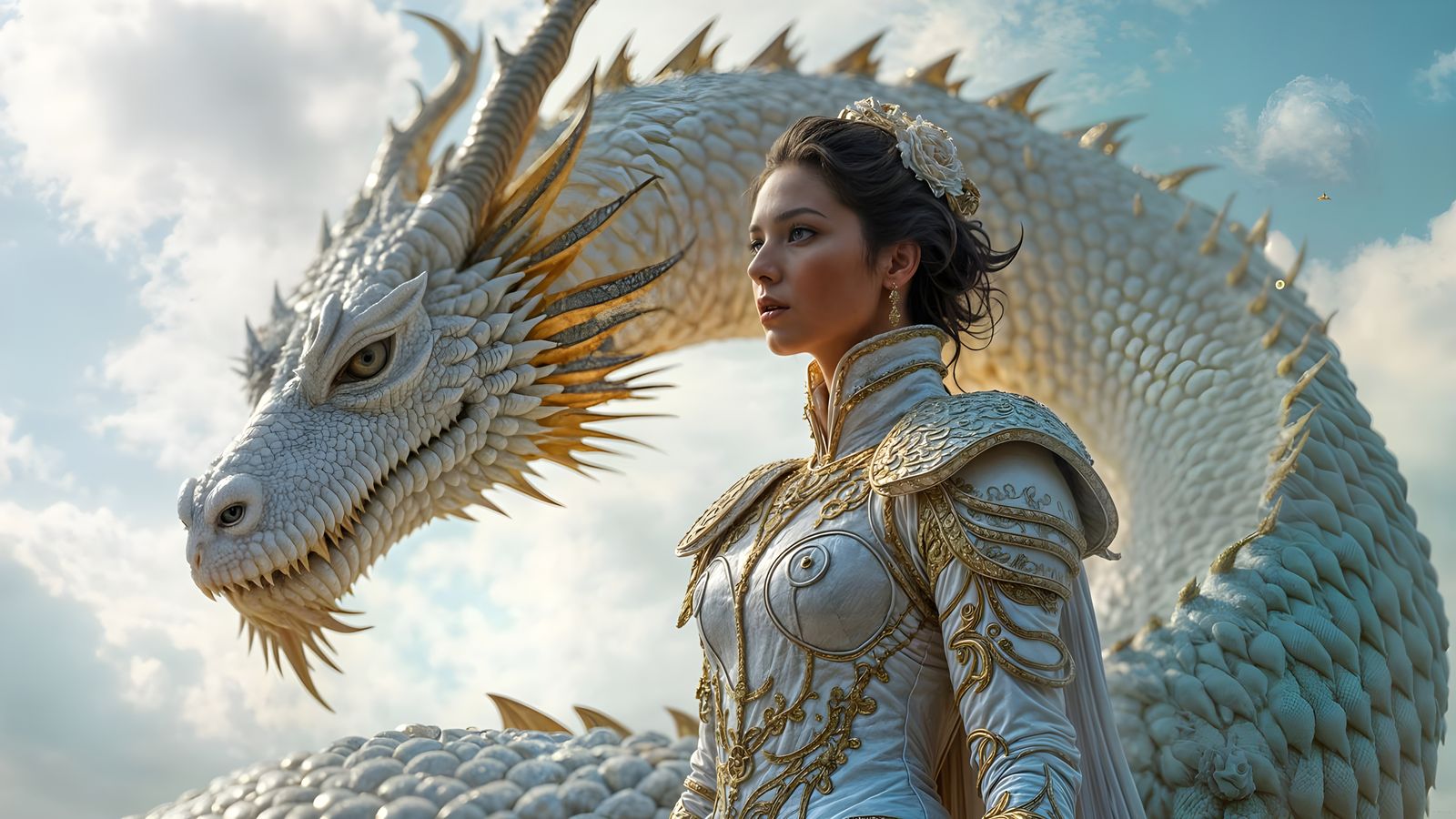 Dragon's Embrace: Woman in White and Gold Armour