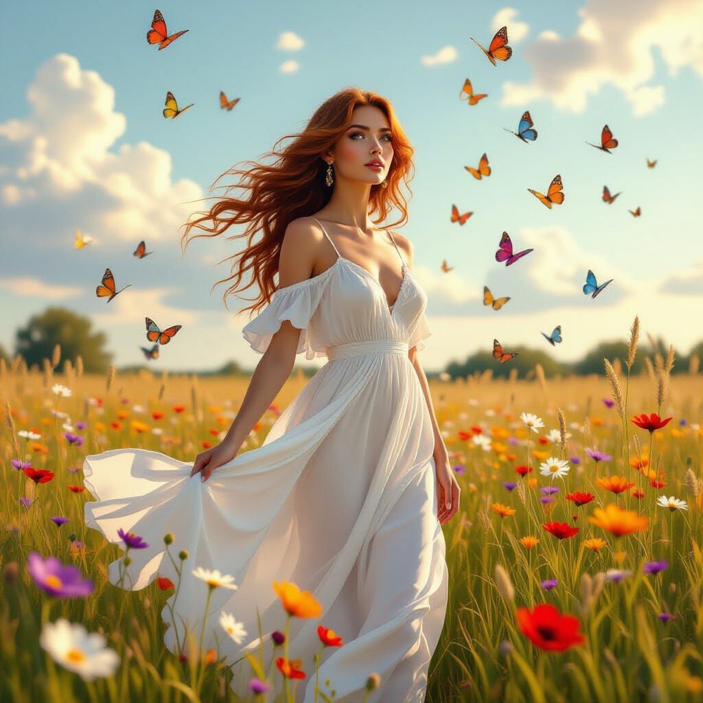 Dreamlike Woman in Wildflower Meadow, Hyperrealistic Style