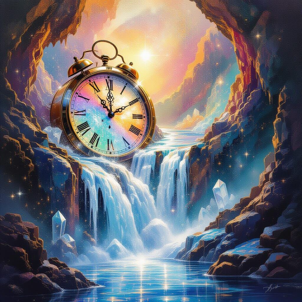Surreal Dreamscape: Melting Clock Waterfall of Stardust