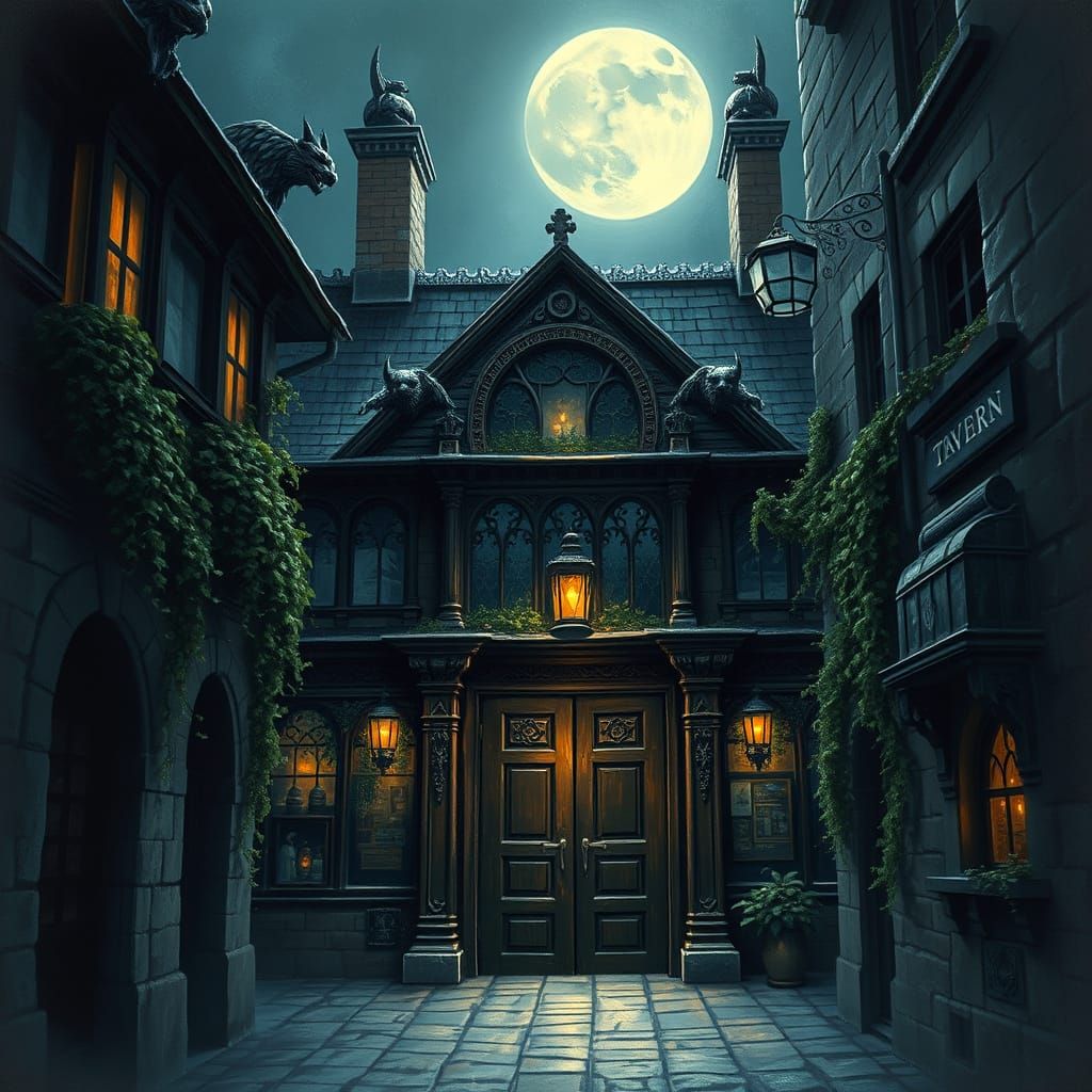 Gothic Tavern in Moonlit Alleyway with Gargoyles