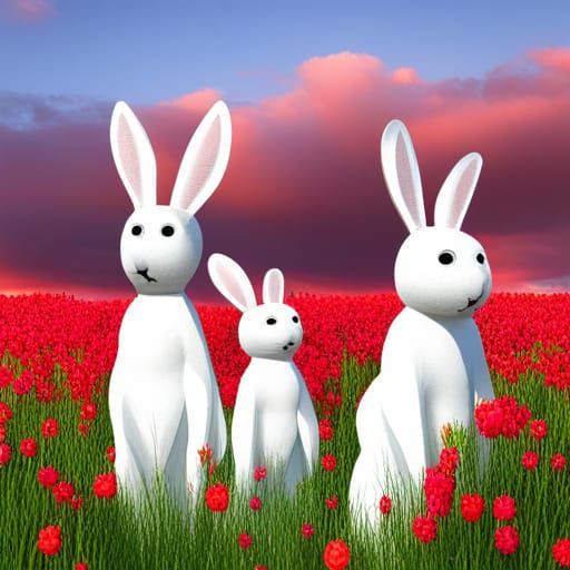 Rabbits in Halloween Costumes in Flower Field