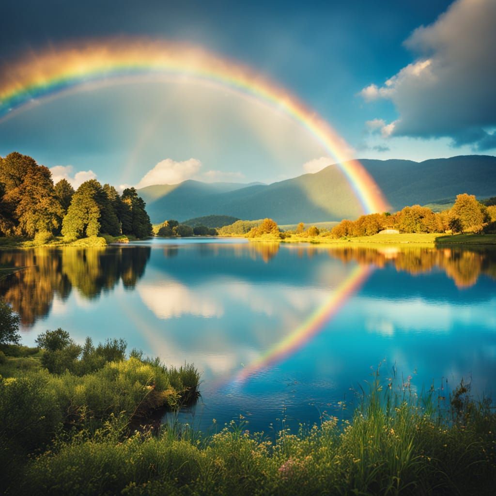 Blue Lake Landscape with Rainbow in Sunlight