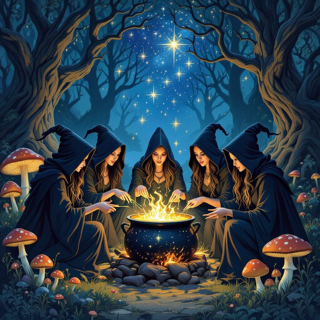 Witches Coven Stirring Magical Potion Under Starry Night