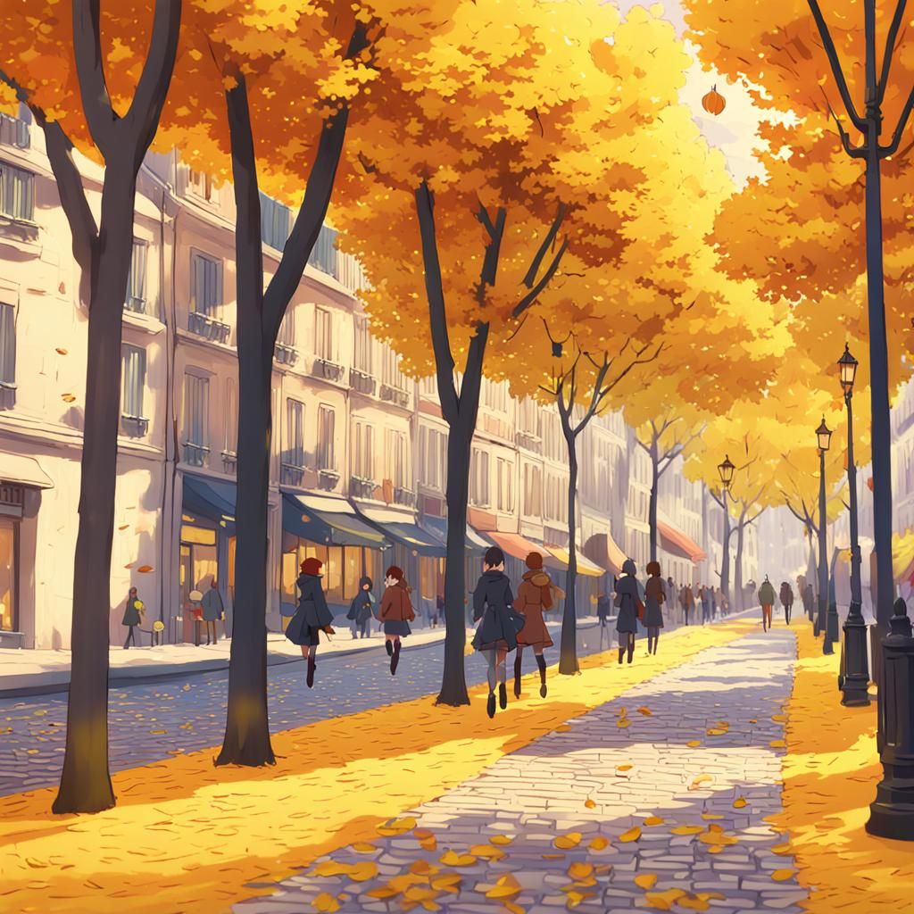 Autumnal Parisian Streetscape in Anime Art Style