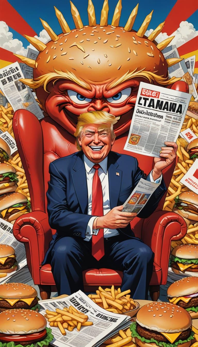 Sarcastic Anime Trump Grins with Burger and Tariff Document