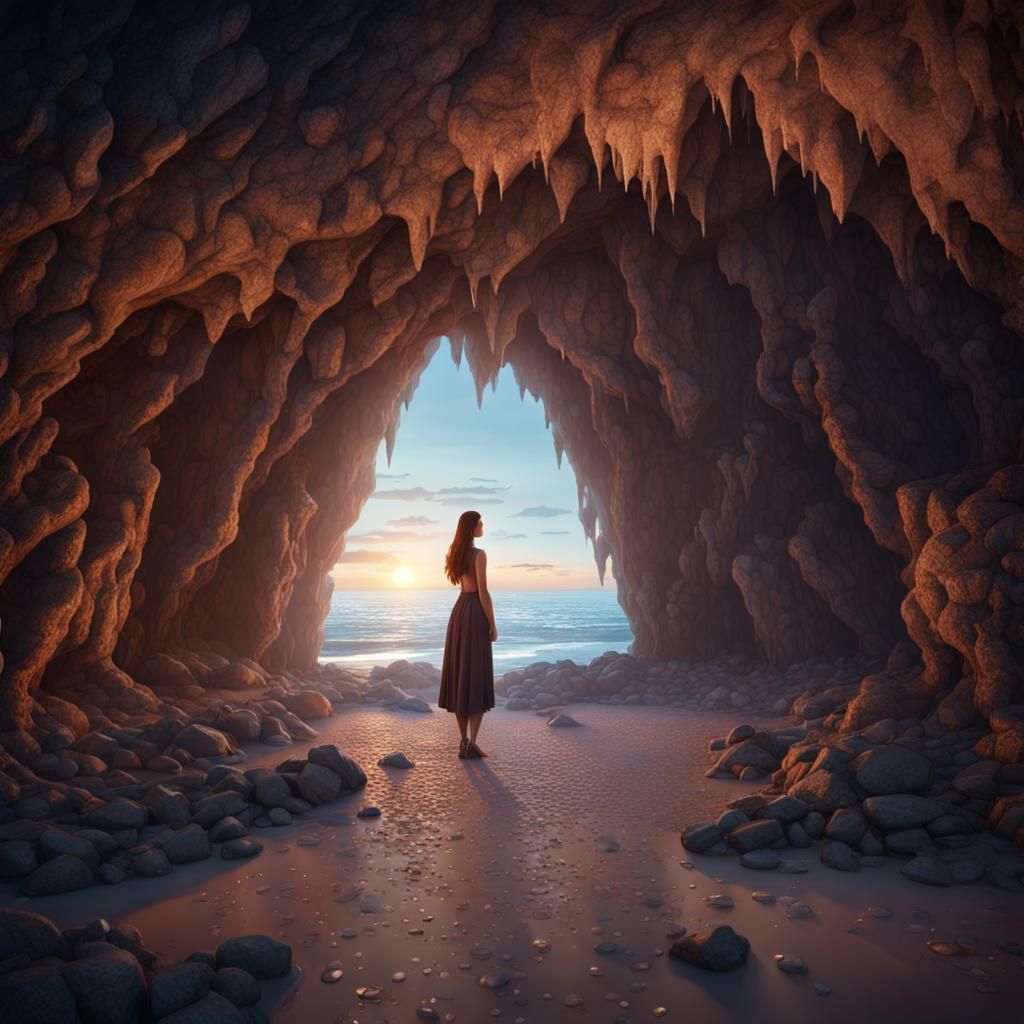 Seaside Cave: Woman Gazing at Dawn, Digital Art