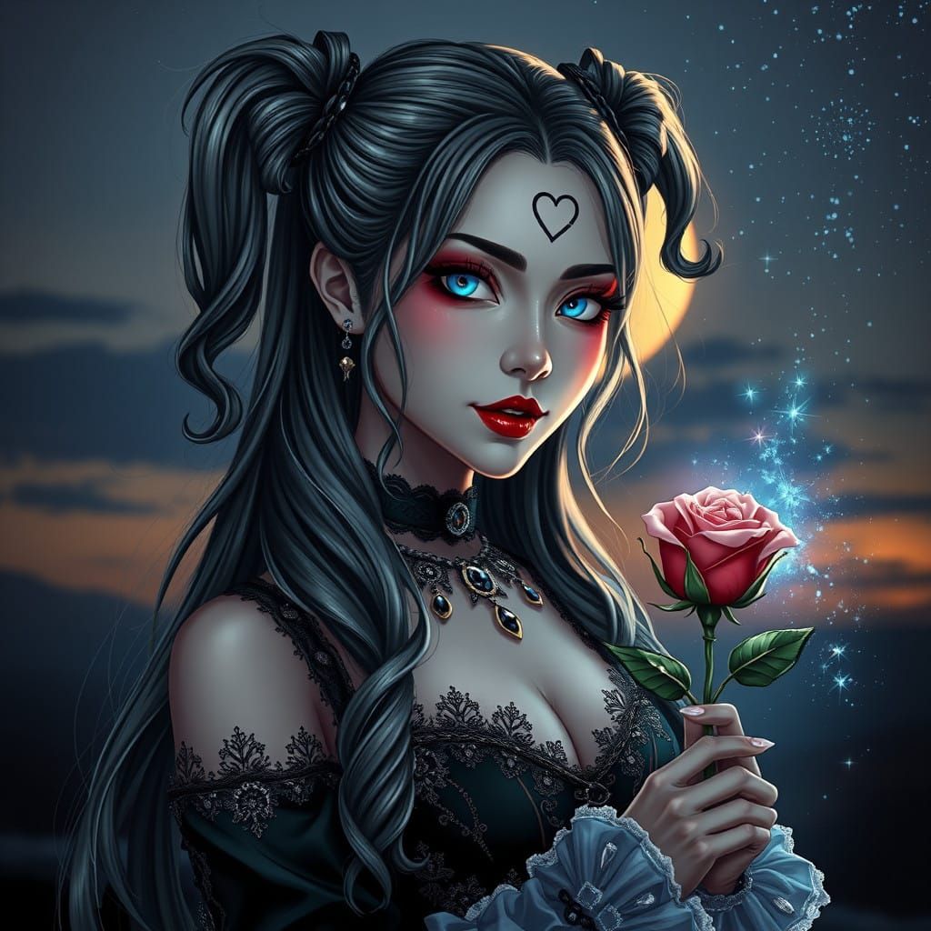 Japanese Gothic Harley Quinn in a Whimsical, Ethereal World....