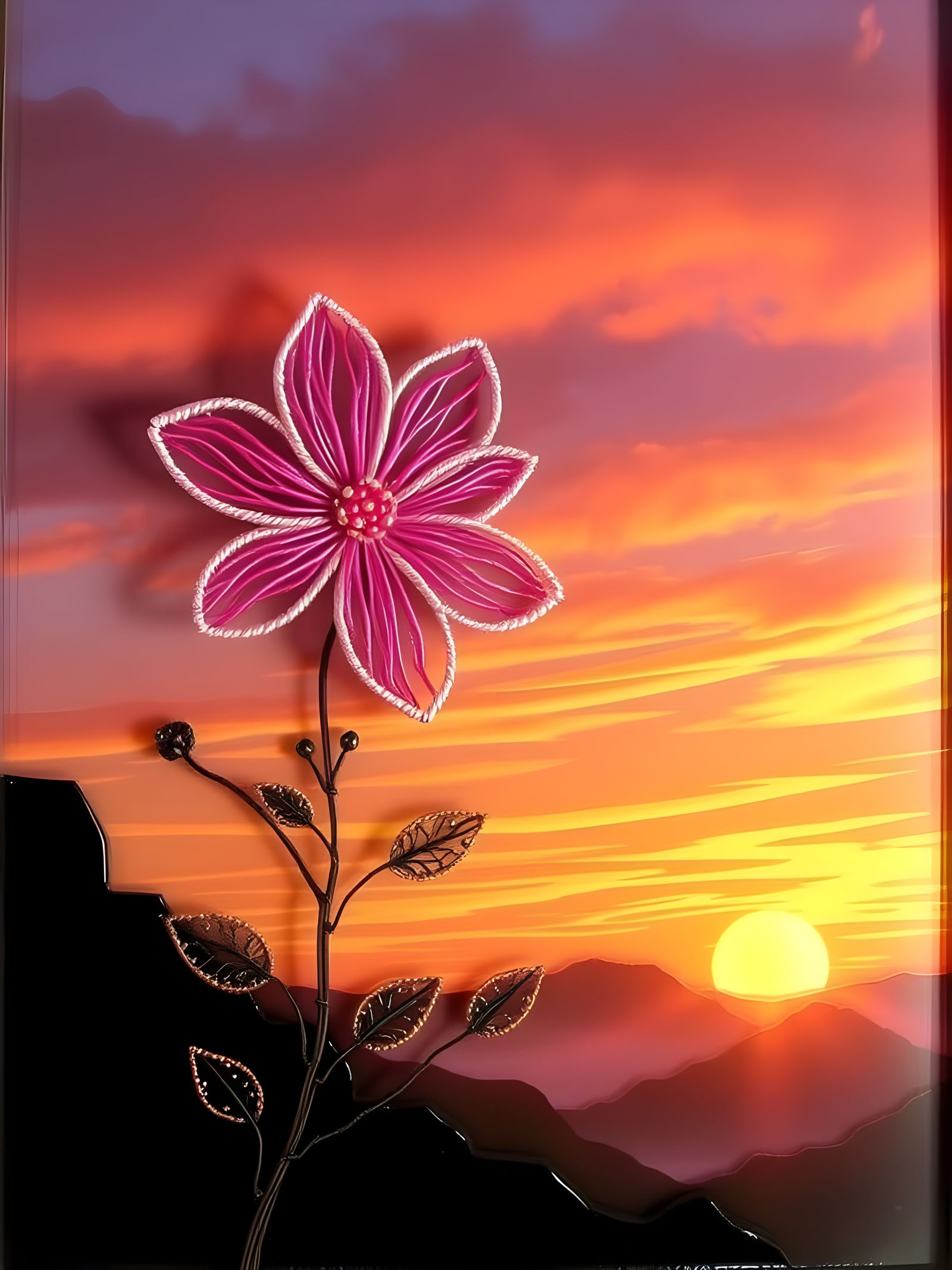 Resin Wire Art Flower Bloom in Vibrant Sunset Colors