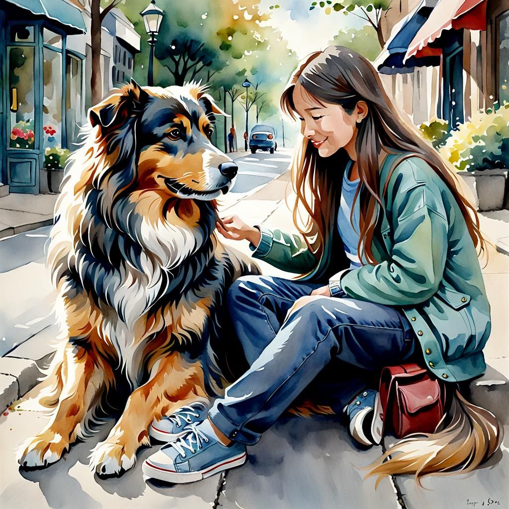Whimsical Watercolor of Dog and Owner on Sidewalk
