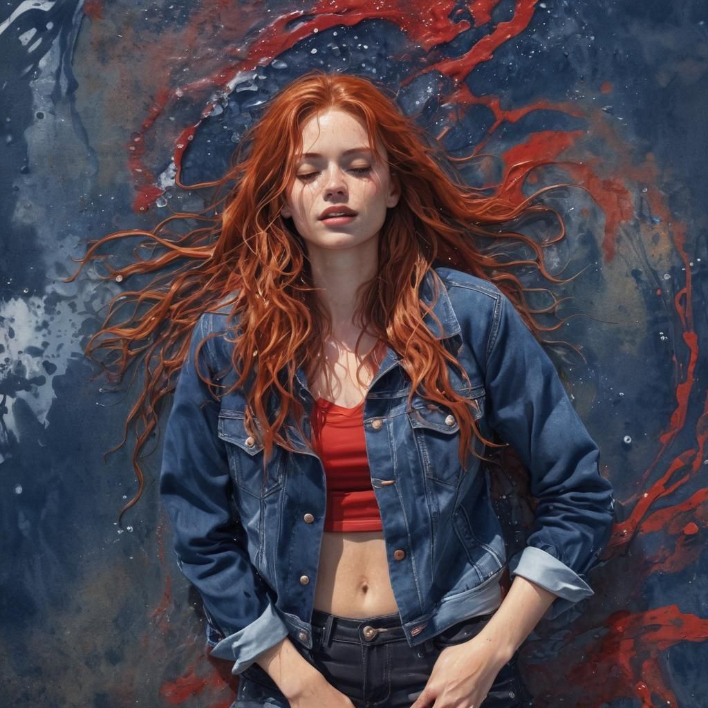 Soaking Wet Ginger Girl in Watercolor Style