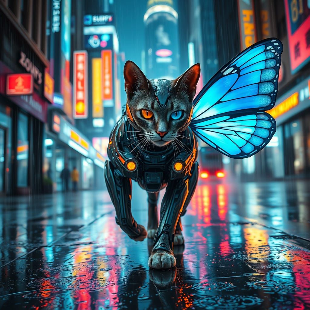 Cyberpunk Cyborg Cat in Neon Alleyway