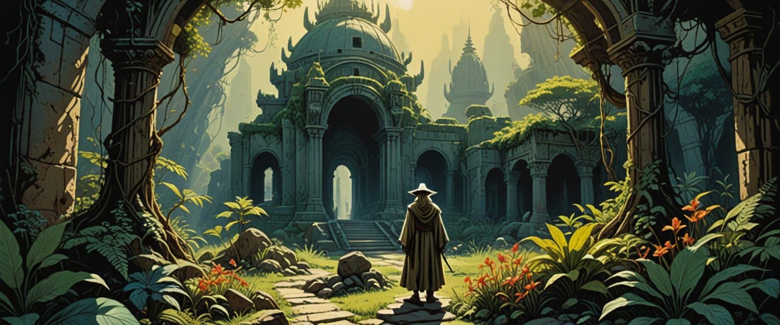 Jedi Knight in Ancient Temple Ruins, Retro Comic Style