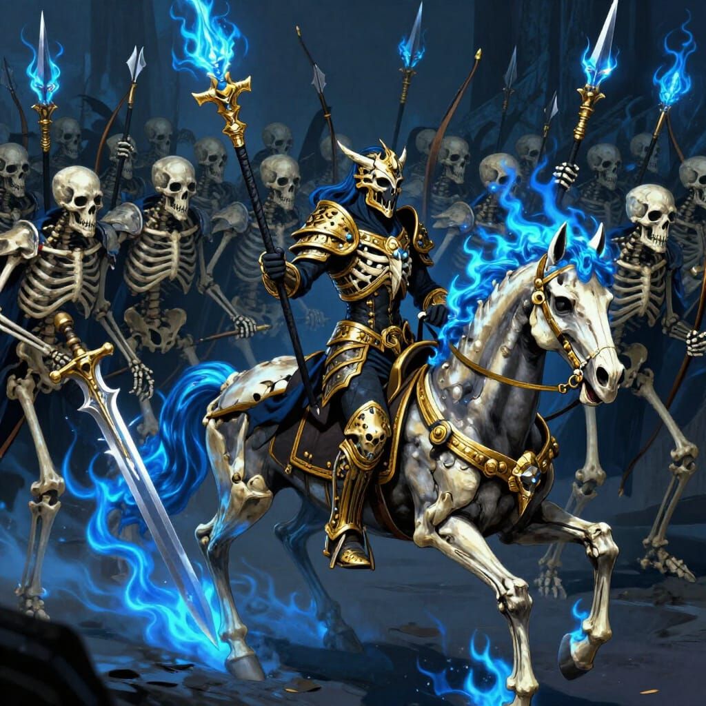 Dark Fantasy Knight on Skeletal Steed with Blue Flames