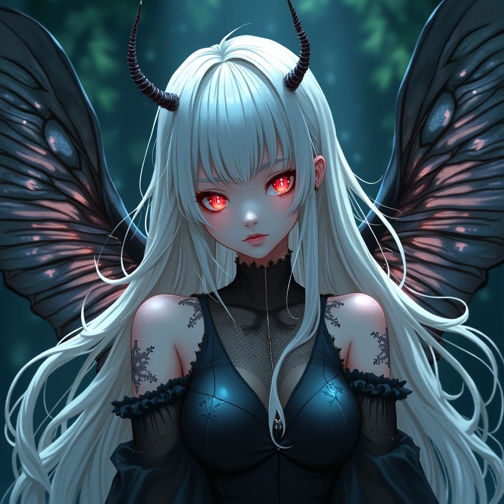 Anime Woman with Insect Wings and Red Eyes