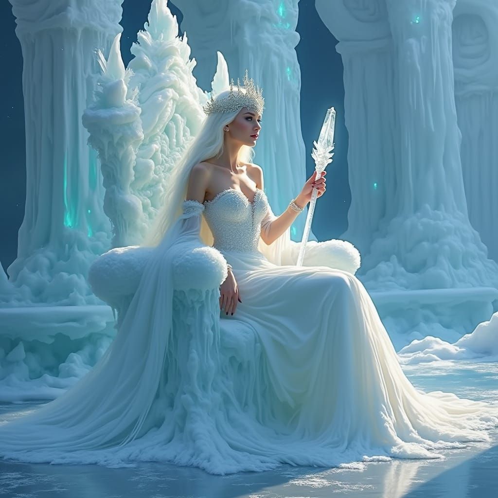 Ice Queen on Glacial Throne in Art Nouveau Style