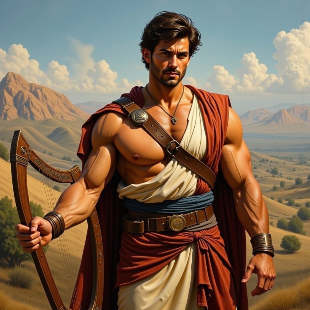 Regal King David in Ancient Hebrew Attire, Holding a Harp