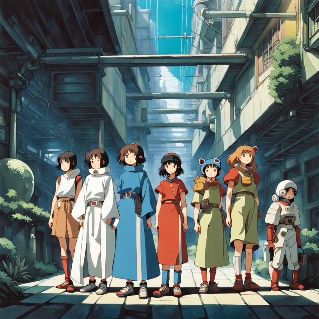 Miyazaki film characters: Satsuki, Kiki, Chihiro, Sheeta, Princess Mononoke, Sophie and Nausicaa grouped together in an ...