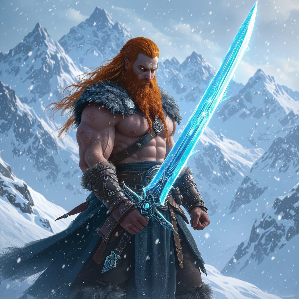Shirtless Warrior with Red Hair and Blue Sword on Snowy Moun...