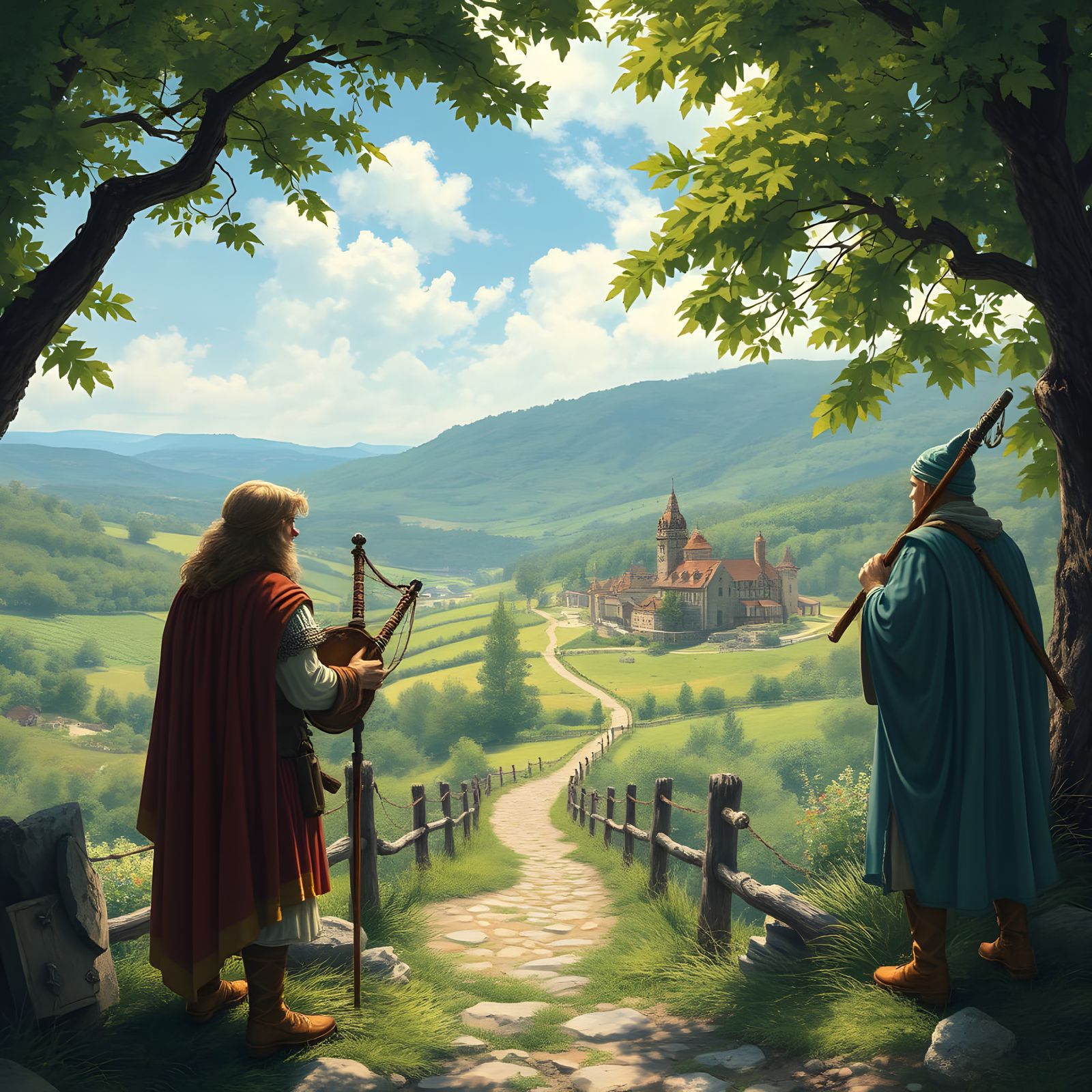 Hero and Bard Gaze Out Over Idyllic Medieval Village in Summ...