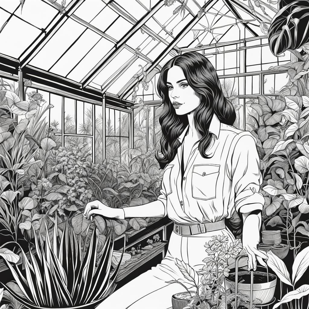 Botanical Researcher in Greenhouse: Black and White Vector A...