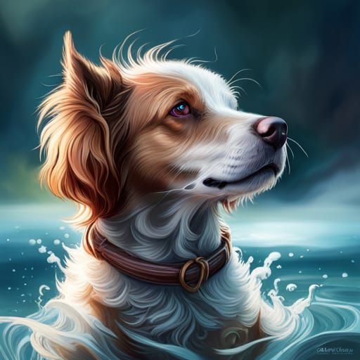 Dog Portrait Playing in Water: Hyperdetailed Concept Art