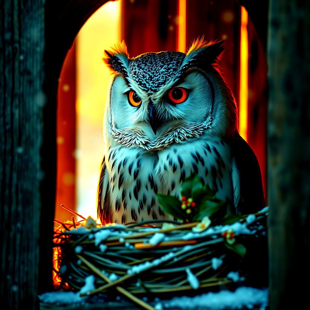 Beautiful Owl Watching Winter Snowfall: Hyperrealistic Wildl...