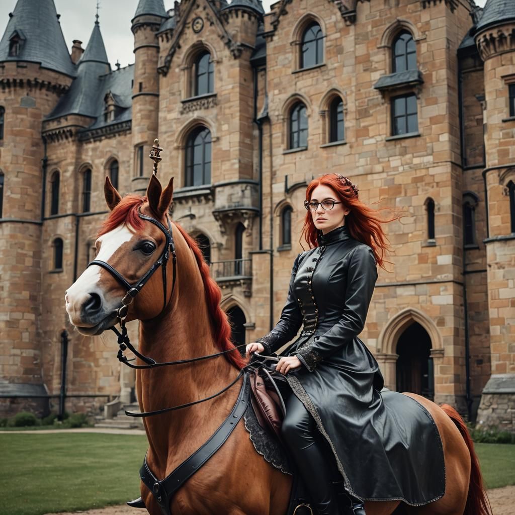 Girl Riding Unicorn at Victorian Castle