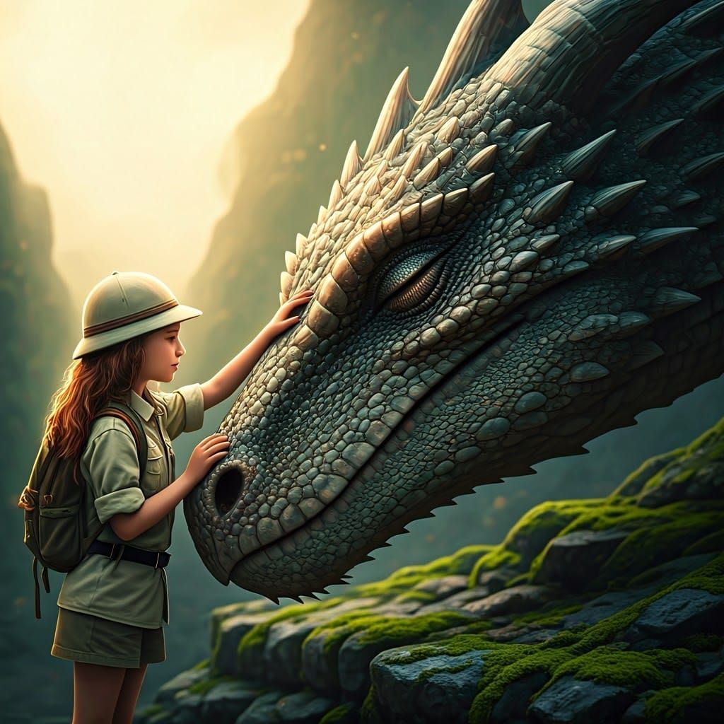 Girl Petting Majestic Dragon in Blissful Moment