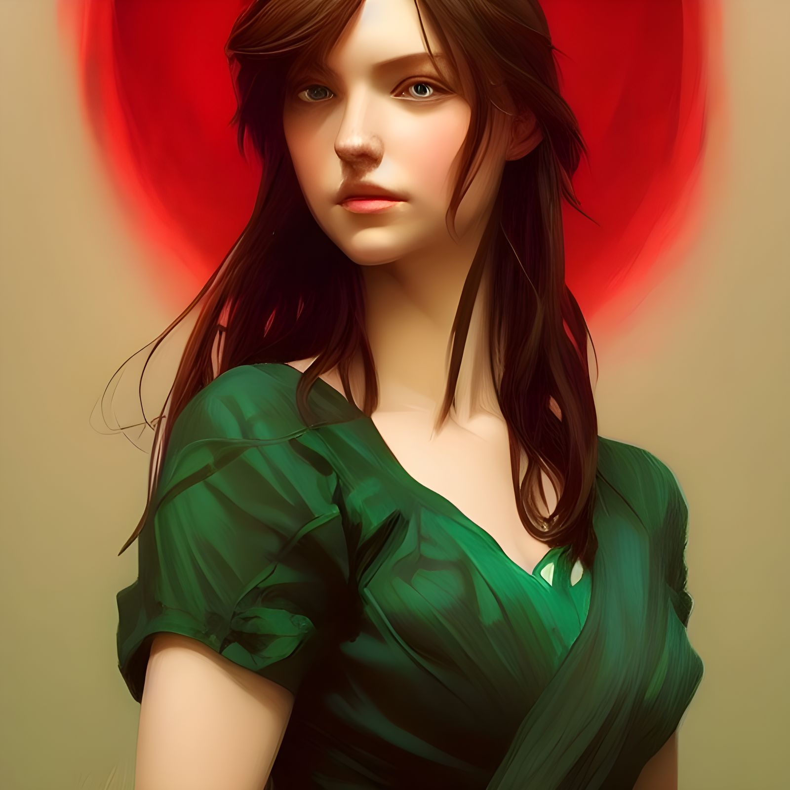 Detailed Portrait of Girl with Red Dress, Art Nouveau Style