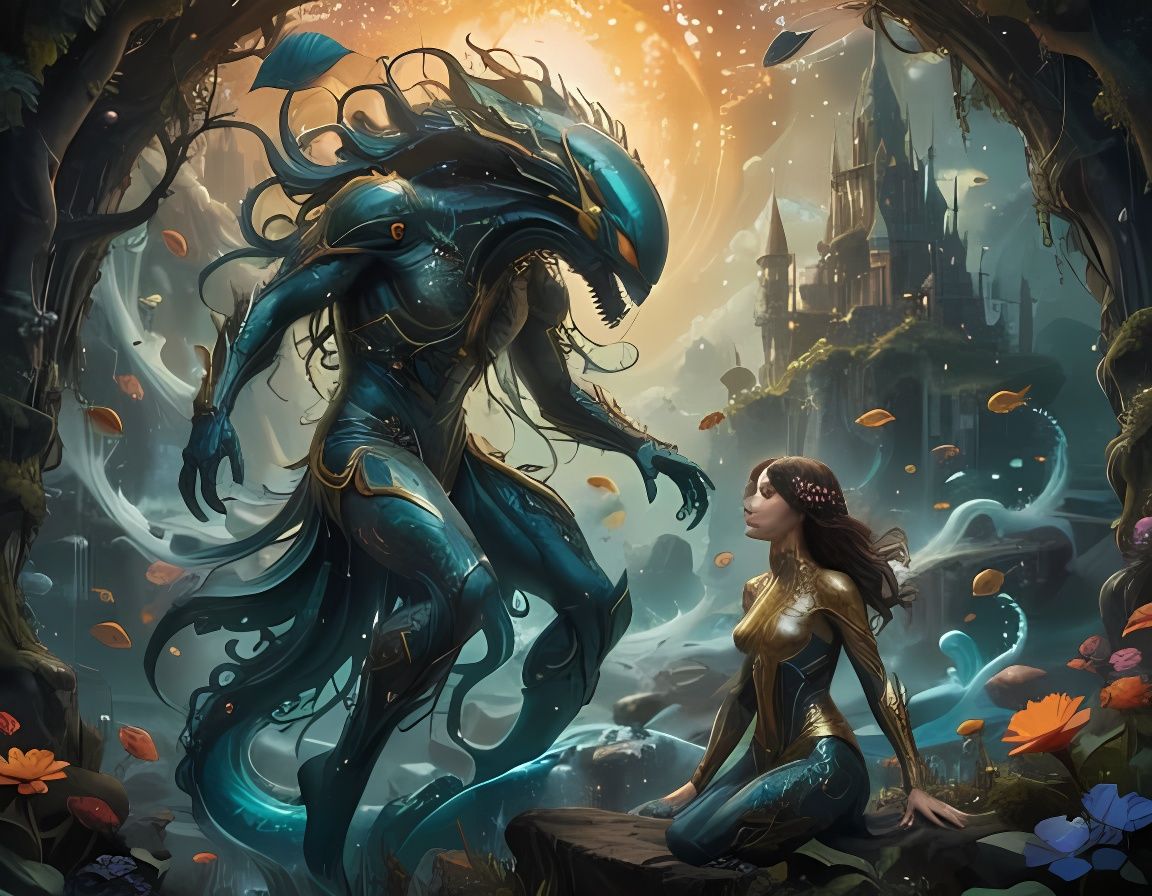 Ethereal Alien Warrior in Art Nouveau Sci-Fi Aesthetic