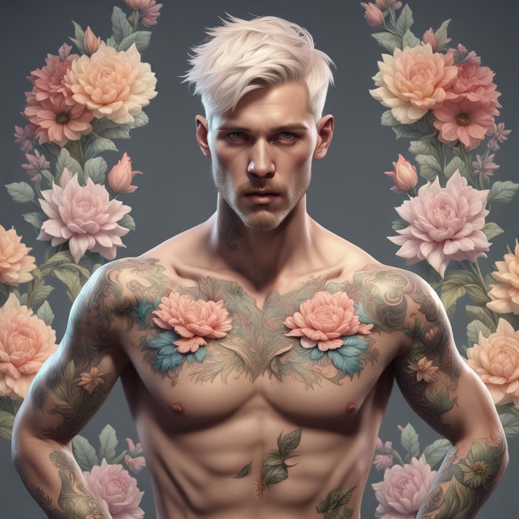 Shirtless Man with Floral Tattoos: Detailed Matte Painting