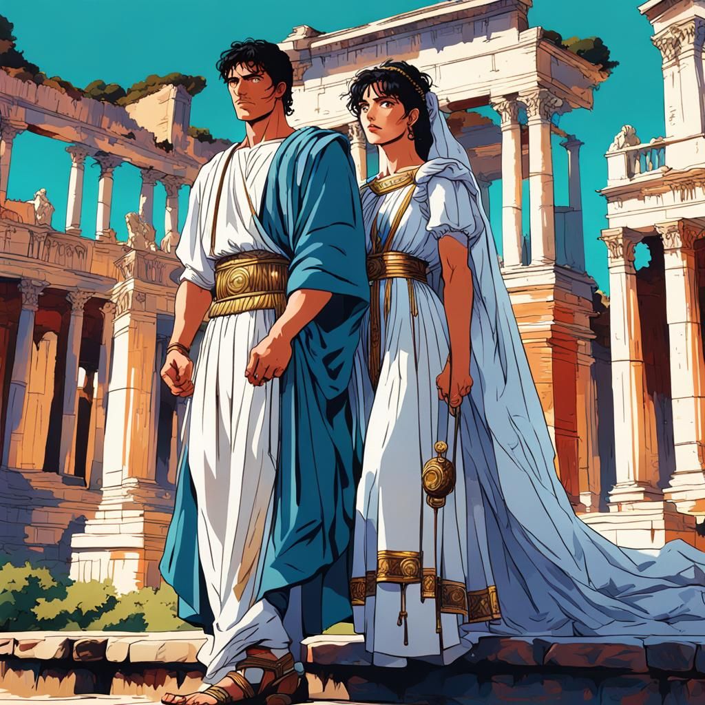 Anime Roman Couple in Lush Gardens