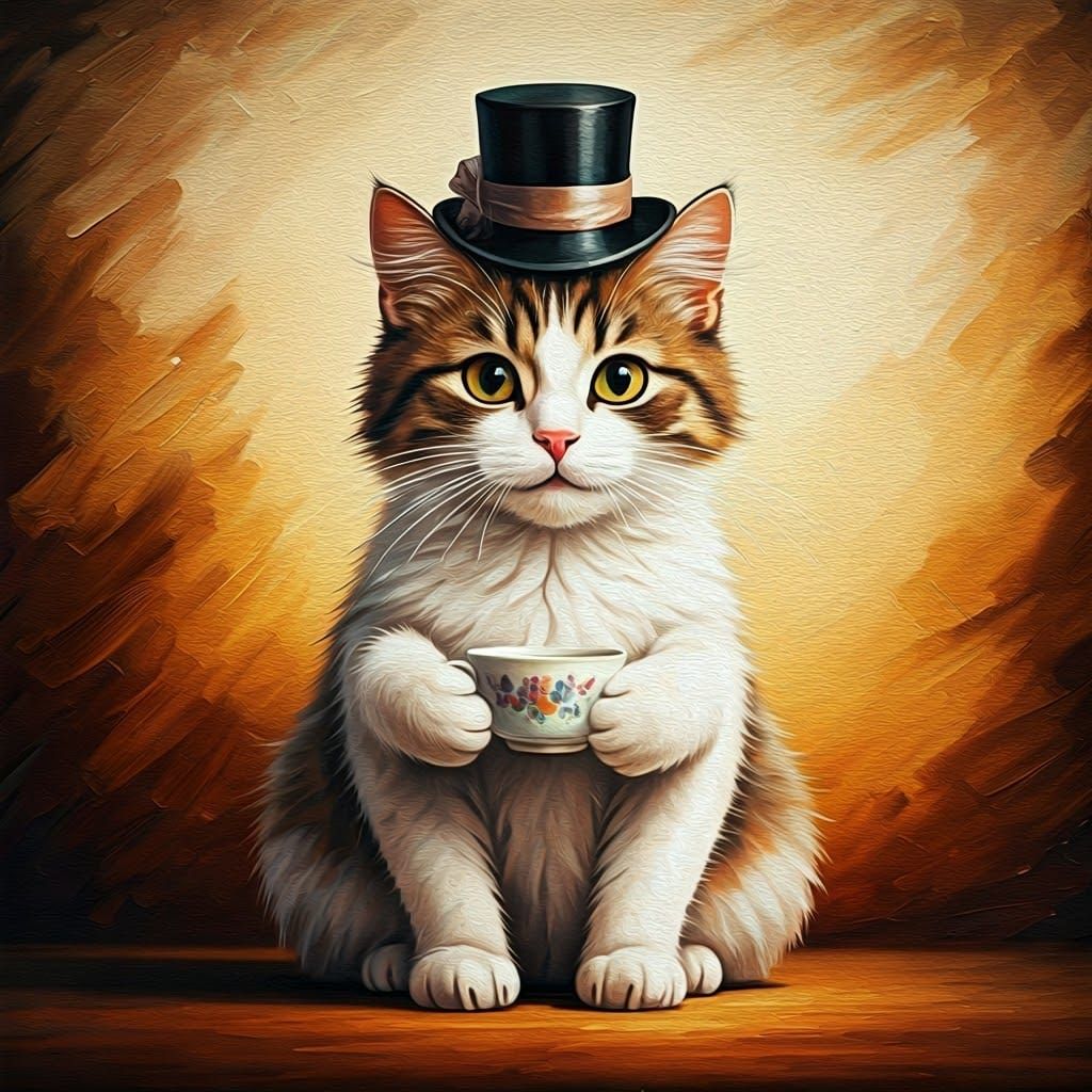 Whimsical Cat Sipping Tea in Impasto Style