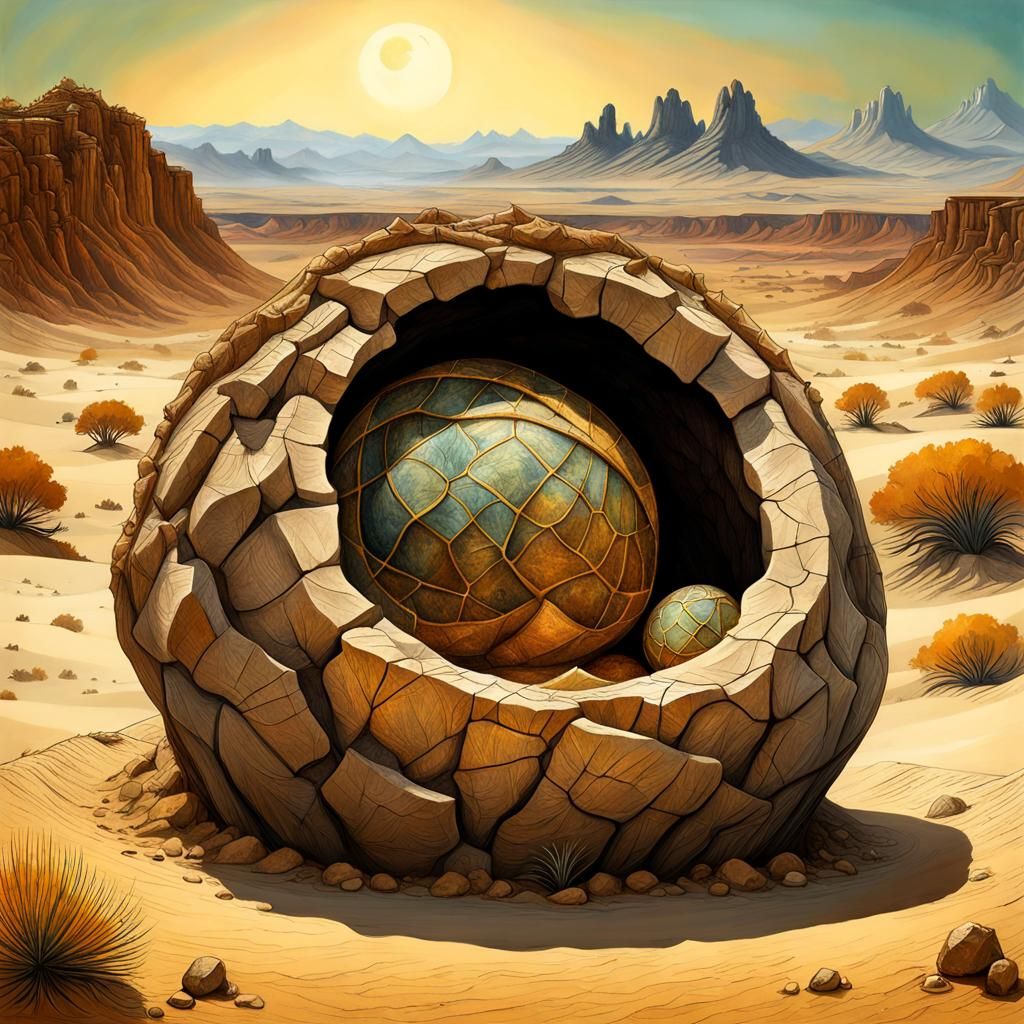 Fossilized Dinosaur Nest in Surreal Desert Landscape