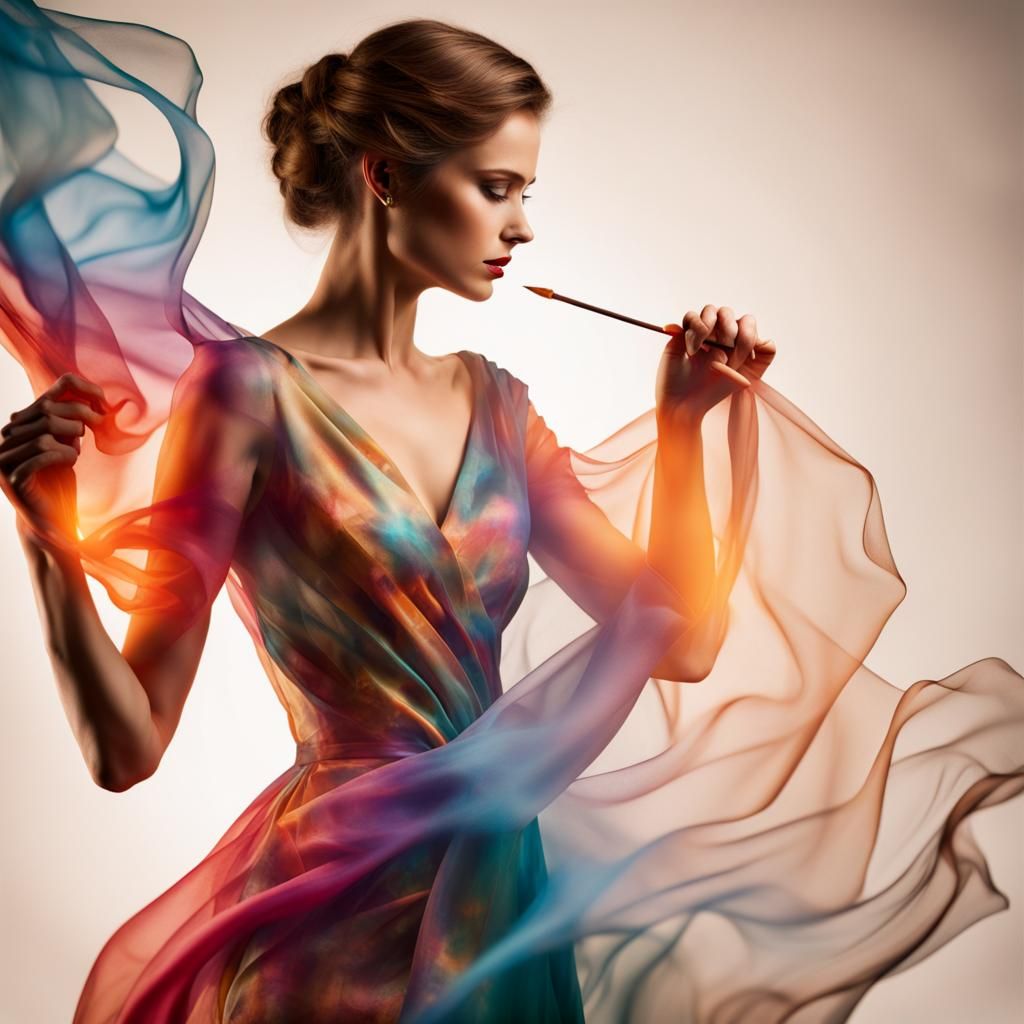 Multicolored Branding iron burn art on silk background, translucent underlit, Fast Running Lady dressed in a vaporous wr...