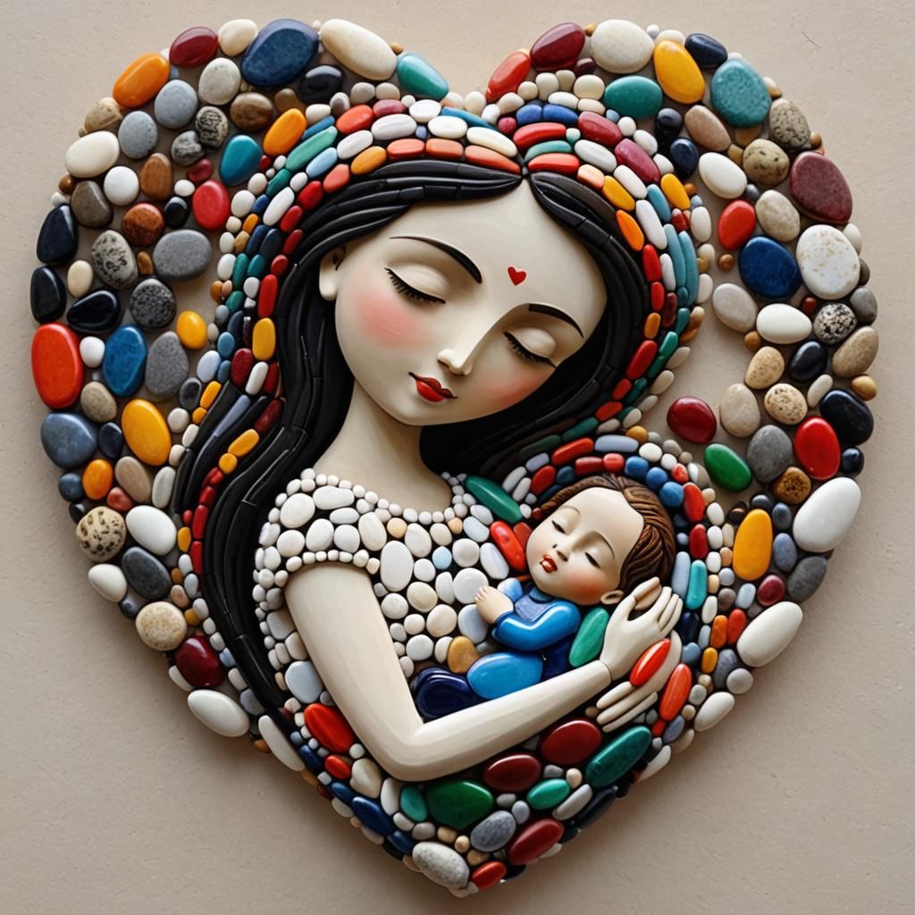 Emotional Pebble Art: Mother and Child in Heart