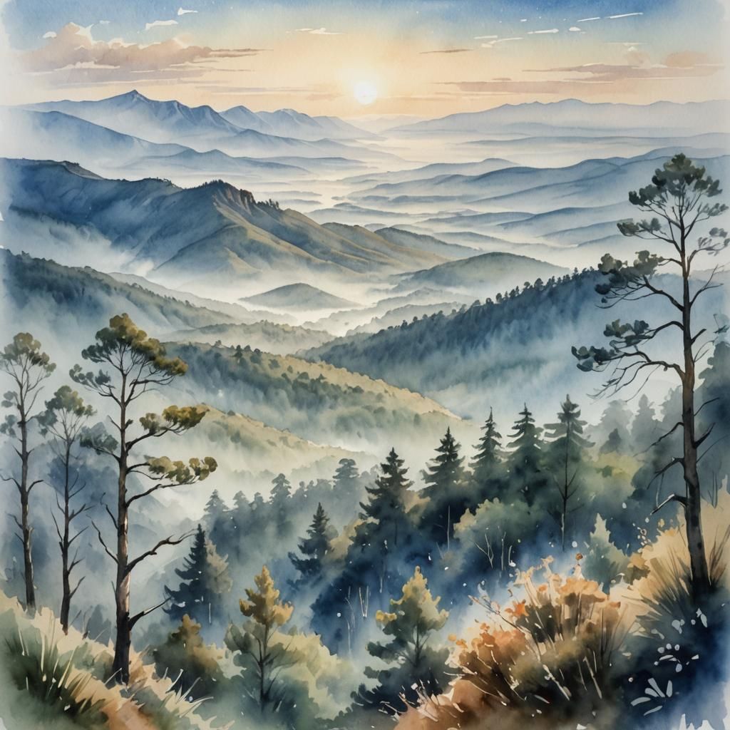 Blue Mountain Watercolor Landscape with Mist