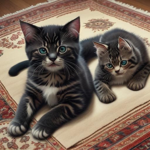 Cute Kittens Snuggled on Persian Rug: Cinematic Portrait