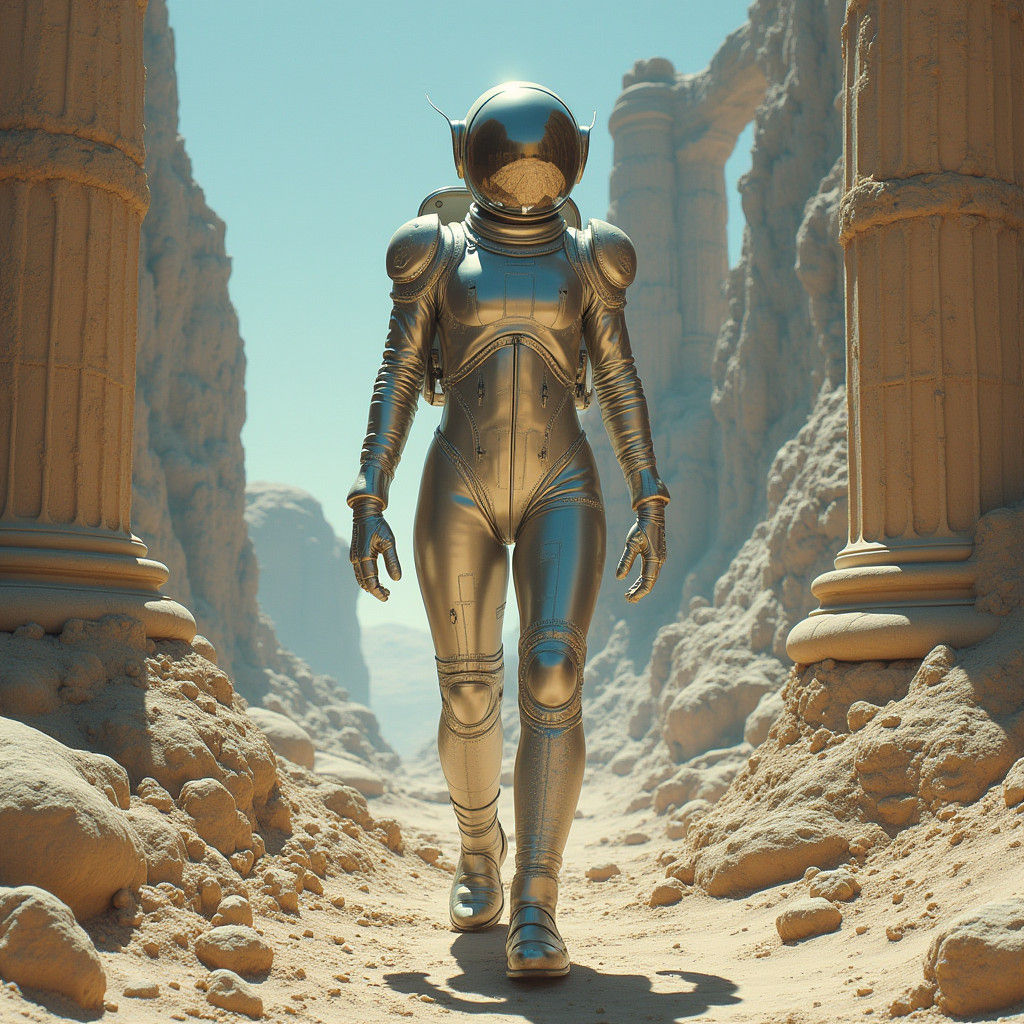 Astronaut Mercury Exploring Ruins on Distant Planet